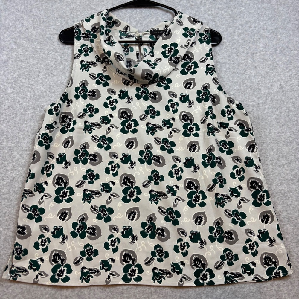 Ann Taylor Factory Blouse Womens M Green Floral Cowl Neck Sleeveless Top